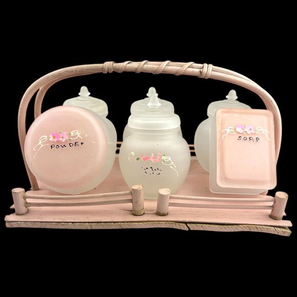 40's Frosted Glass Pink Floral Apothecary Jar Container Vintage 7pc Nursery Set - Picture 2 of 12